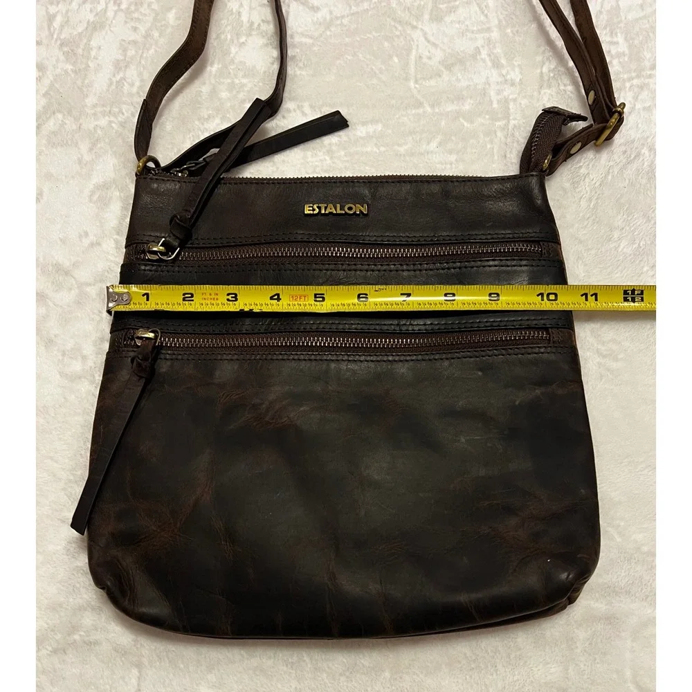 ESTALON Dark Brown Genuine Leather Crossbody Zip Front Pockets Adjustable Strap‎